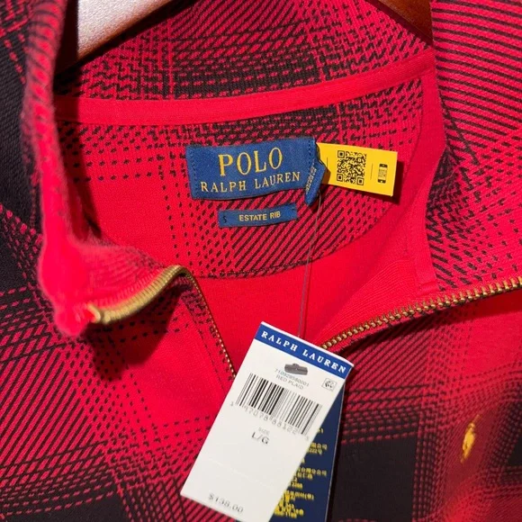 *** RL Quarter Zip - (L) NWT - Ralph Lauren Red and Black Plaid Men's Sweatshirt